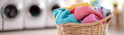 A wicker basket filled with colorful laundry in front of washing machines, representing household chores and cleanliness.