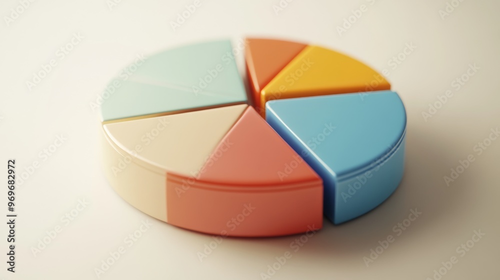 Fototapeta premium Detailed view of a 3D pie chart with segment labels and percentage values, set against a neutral backdrop to highlight the chart's design and data accuracy.