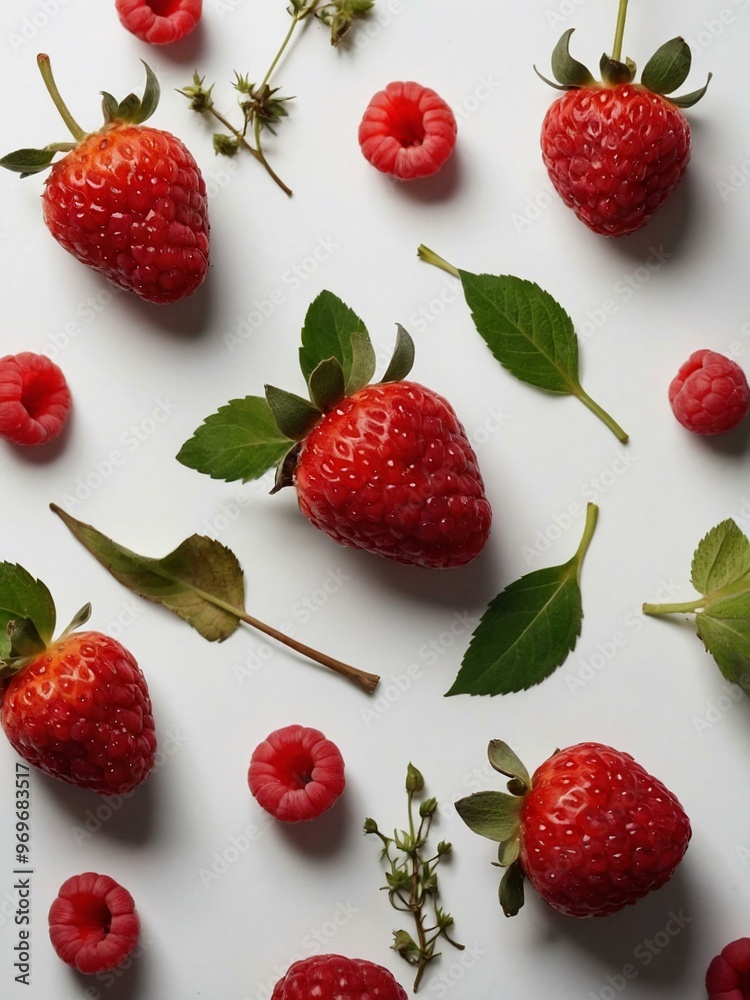 Fresh berries, flowers, and leaves arranged on a white backdrop. Fresh berries, flowers, and leaves arranged on a white backdrop.