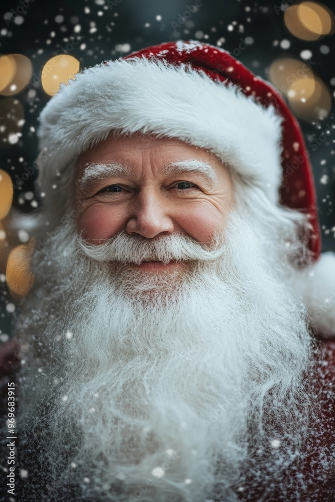Close-up portrait of a joyful Santa Claus with a white beard, glasses, and a red hat, smiling with Christmas tree lights in the background. Close-up portrait of a joyful Santa Claus with a white beard, glasses, and a red hat, smiling with Christmas tree lights in the background.