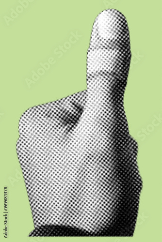 Close up of thumb with an adhesive bandage pixelate color halftone dotted texture style collage element isolated on green background