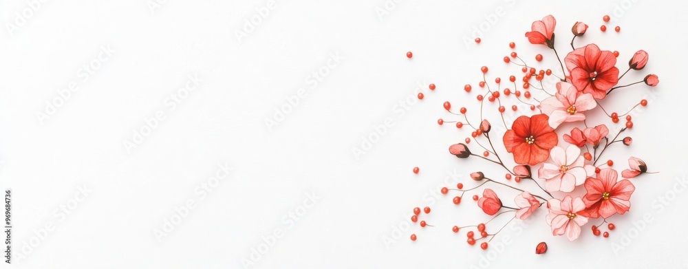 Delicate red flowers arranged elegantly over a white background, perfect for creative projects and floral designs. Delicate red flowers arranged elegantly over a white background, perfect for creative projects and floral designs.