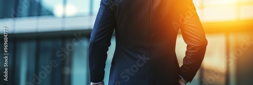 A businessman, adorned in a suit, is seen standing outside a modern office building, reflecting professionalism and ambition. photo