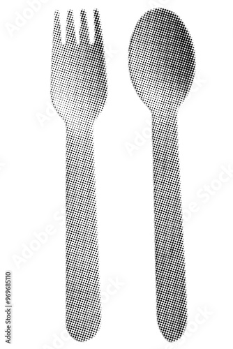 Close up of spoon and fork pixelate color halftone dotted texture style collage element isolated on white background