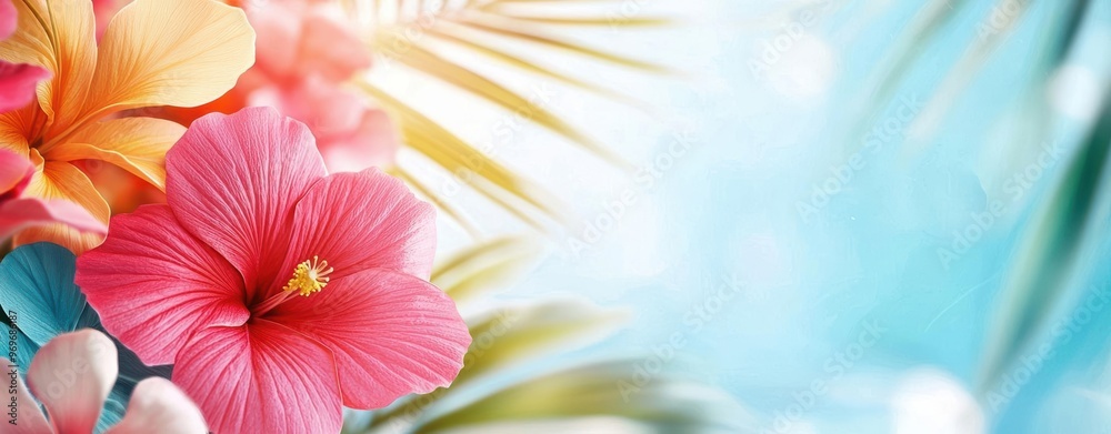 Vibrant tropical flowers and green leaves against a bright blue background, perfect for nature and travel themes. Vibrant tropical flowers and green leaves against a bright blue background, perfect for nature and travel themes.