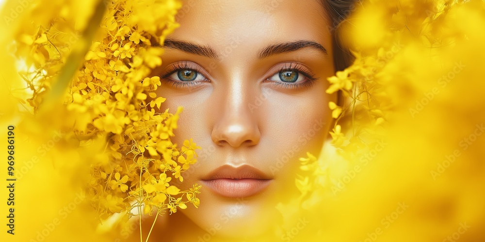 Close-up of a woman's face framed by vibrant yellow blossoms, exuding natural beauty and radiance, capturing a lively essence. Close-up of a woman's face framed by vibrant yellow blossoms, exuding natural beauty and radiance, capturing a lively essence.