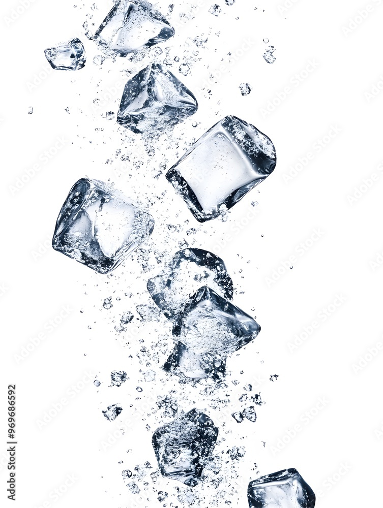 Splashing crystal clear ice cubes cooling off in refreshing water splash Icy cold transparent glossy ice cubes creating a refreshing wet and chilling background Splashing crystal clear ice cubes cooling off in refreshing water splash Icy cold transparent glossy ice cubes creating a refreshing wet and chilling background