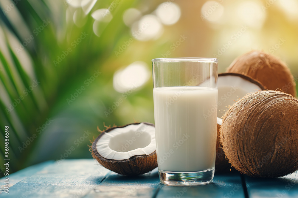 coconut milk and coconut on a table with palm leaves on background coconut milk and coconut on a table with palm leaves on background