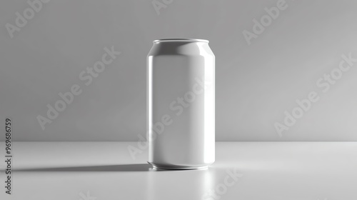 A minimalist design of a tall, white aluminum can on a clean surface, ideal for beverage branding and advertisement.