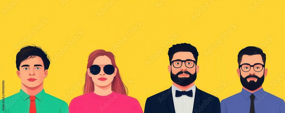 A vibrant illustration of four diverse individuals with unique styles and expressions against a bright yellow background. A vibrant illustration of four diverse individuals with unique styles and expressions against a bright yellow background.