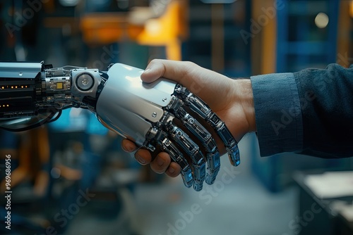 Close - up of robotic hand shaking hands with a human hand in a modern tech office setting