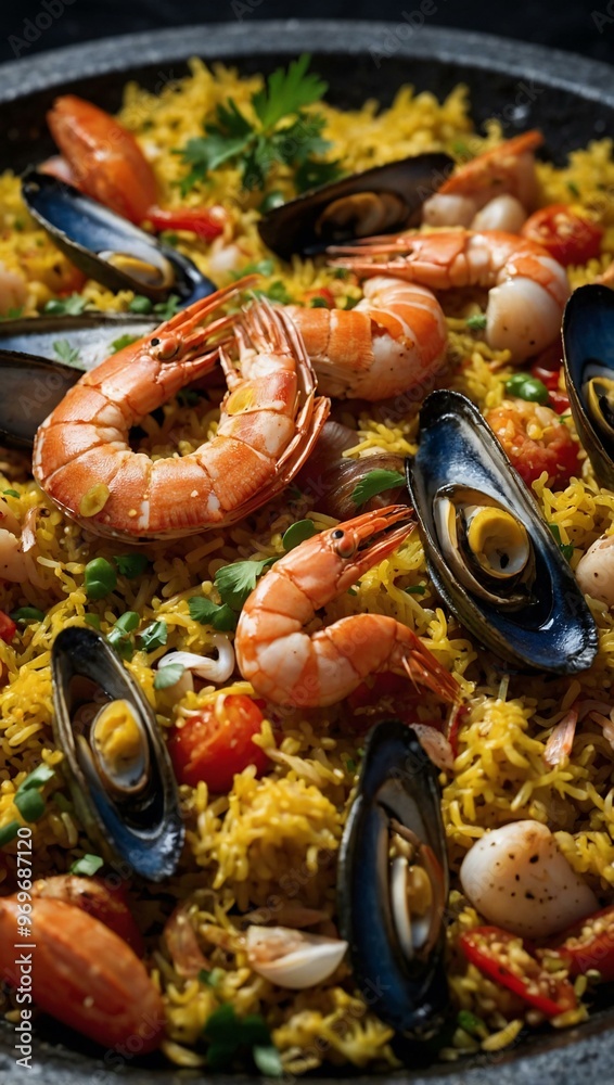 Gourmet seafood paella, a coastal flavor treat. Gourmet seafood paella, a coastal flavor treat.