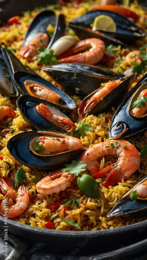 Gourmet seafood paella, a coastal flavor treat. Gourmet seafood paella, a coastal flavor treat.