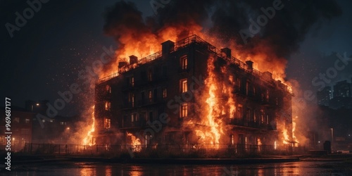 Dramatic scene of a burning building at night with fierce flames engulfing the structure in an urban disaster scenario. photo