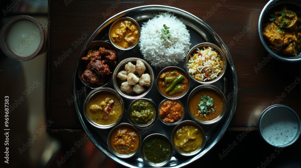 Detailed view of a traditional Indian thali, featuring a variety of small dishes including curries, rice, and pickles, arranged on a metal tray.