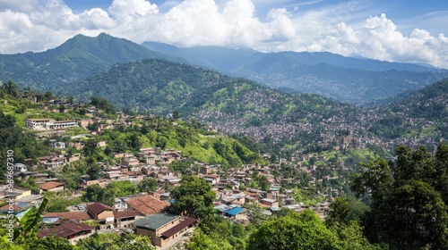 The balcony overlooks, offering a vibrant view of the city, with buildings interspersed with greenery and a park nestled in the mountains under a clear blue sky