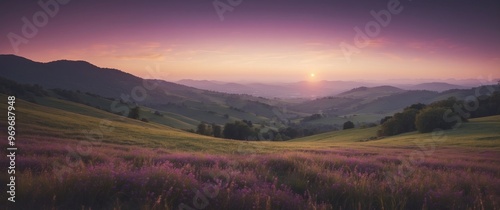 a calm meadow with hilly landscapes in the background and purple hues.