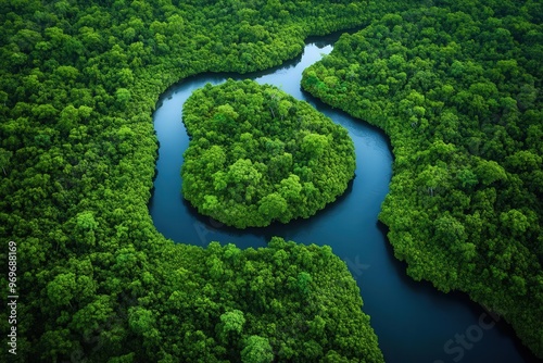 Craft an aerial view of a lush forest intertwining with a winding river, depicted in a surrealistic digital art technique with vivid, dreamlike colors