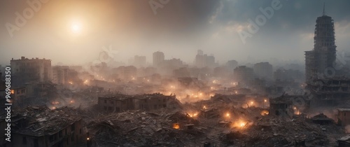 big earthquake that destroyed the city in ruins with fog.