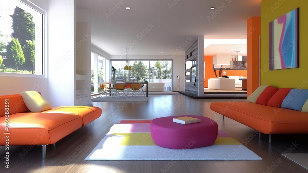 digital CG 3D Expansive space, modern furniture, vibrant colors digital CG 3D Expansive space, modern furniture, vibrant colors