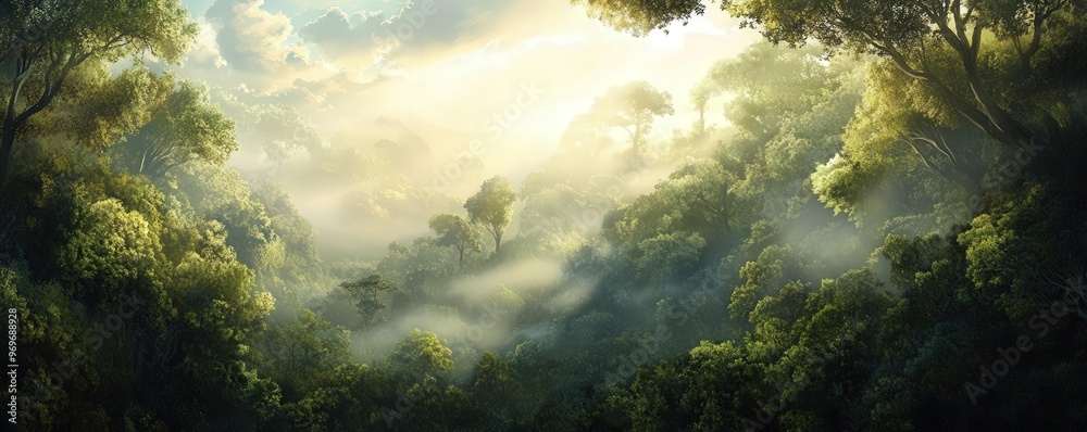 Fototapeta premium Illustrate a dreamy panoramic view of a mystical forest at dawn, where sunlight filters through lush trees, playing with shadows and ethereal mist