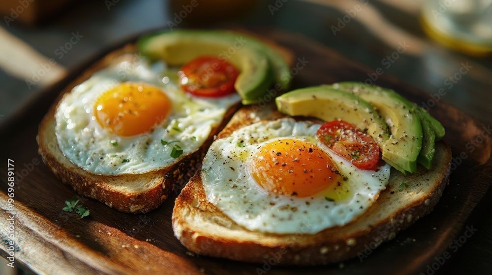 enjoy a healthy and tasty english breakfast at an outdoor cafe with sunny-side-up eggs, avocado slices, and sourdough toast enjoy a healthy and tasty english breakfast at an outdoor cafe with sunny-side-up eggs, avocado slices, and sourdough toast