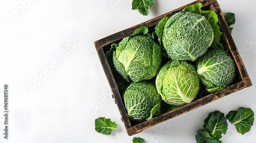 Top-View of a Wooden Box Filled with Fresh Cabbage on a Clean White Background