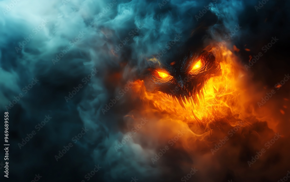 Fototapeta premium A menacing figure emerges from vibrant clouds, showcasing fiery eyes and an eerie smile, evoking fear and intrigue.