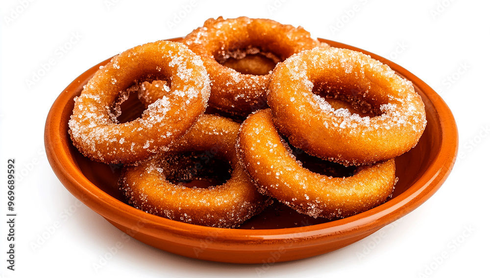 Showcasing the mouthwatering rosettes, these sweet and tender dough rings dusted with confectioner's sugar, are presented on an earthy brown plate against a white background Showcasing the mouthwatering rosettes, these sweet and tender dough rings dusted with confectioner's sugar, are presented on an earthy brown plate against a white background