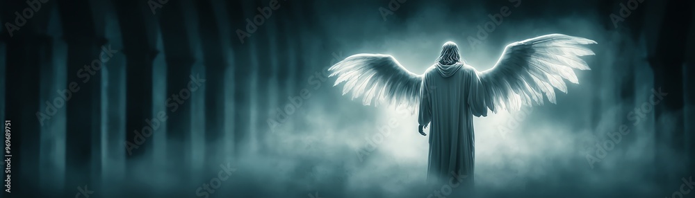 A serene angel stands in an ethereal glow, illuminated by soft light, surrounded by a mysterious ambiance in a misty setting. A serene angel stands in an ethereal glow, illuminated by soft light, surrounded by a mysterious ambiance in a misty setting.