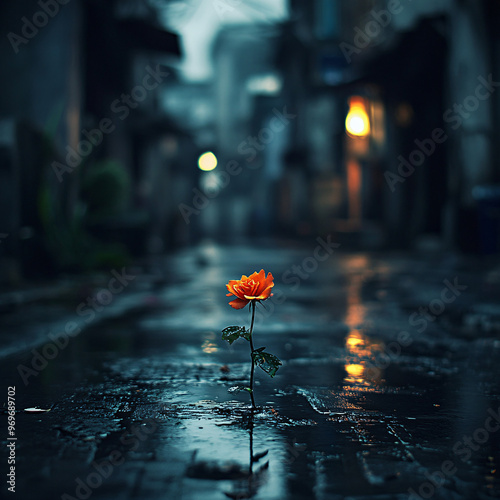 
Single delicate flower blooming in a harsh urban alley, rain-soaked pavement and moody lighting, symbolizing resilience and nature in contrast with a gritty city environment, perfect for urban nature photo