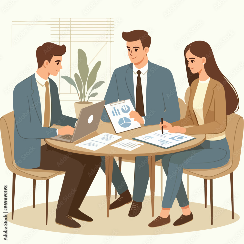 Partners meeting for business discussion with documents and laptop on desk. Couple at round table, speaking, discussing work, partnership. Flat vector illustration isolated on white background Partners meeting for business discussion with documents and laptop on desk. Couple at round table, speaking, discussing work, partnership. Flat vector illustration isolated on white background