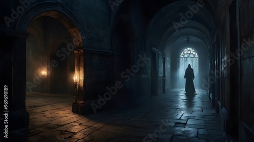 ghost drifting through an ancient  candlelit castle hallway  the figure is semi-transparent  glowing with a faint  spectral light  surrounded by swirling mist perfect for Halloween