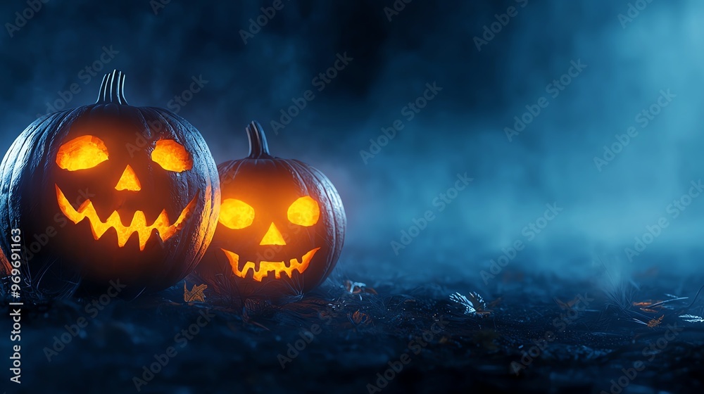 Naklejka premium Two glowing Halloween pumpkins with carved faces in a misty atmosphere, creating a spooky and festive ambiance.