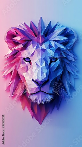 Abstract Geometric Lion Head with Pink and Blue Gradient Background. photo