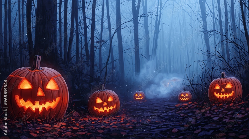 Eerie forest scene with glowing pumpkins for Halloween, creating a spooky atmosphere with mist and dim lighting. Eerie forest scene with glowing pumpkins for Halloween, creating a spooky atmosphere with mist and dim lighting.
