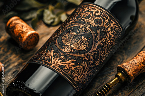 A close up view of an elegant wine bottle showcasing its intricate label design, surrounded by corks and corkscrew, evokes sense of sophistication and luxury