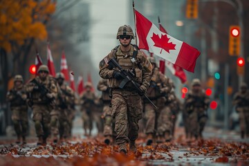 Canadian soldiers march proudly while waving flags along a city street in the fall, showcasing their dedication and teamwork