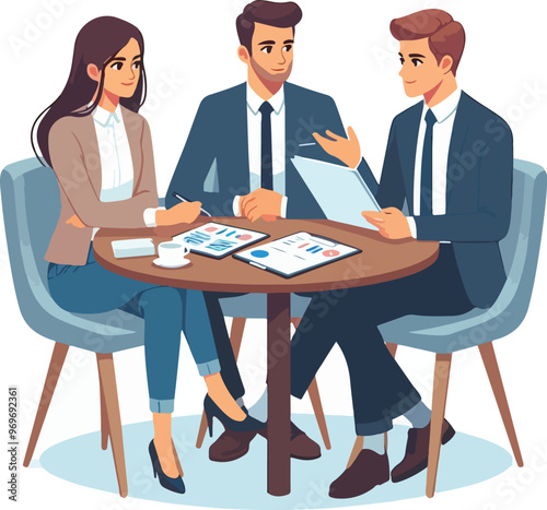 Partners meeting for business discussion with documents and laptop on desk. Couple at round table, speaking, discussing work, partnership. Flat vector illustration isolated on white background