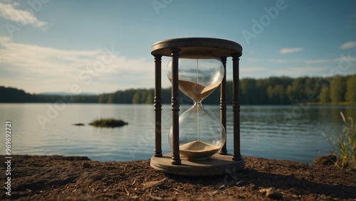 Hourglass by a lake, symbolizing the passage of time.