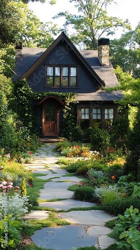 Stone Pathway Leading to a Charming Black Cottage.