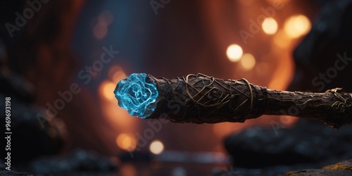 A glowing magic staff floating in the middle of a dark cave, surrounded by runes. photo