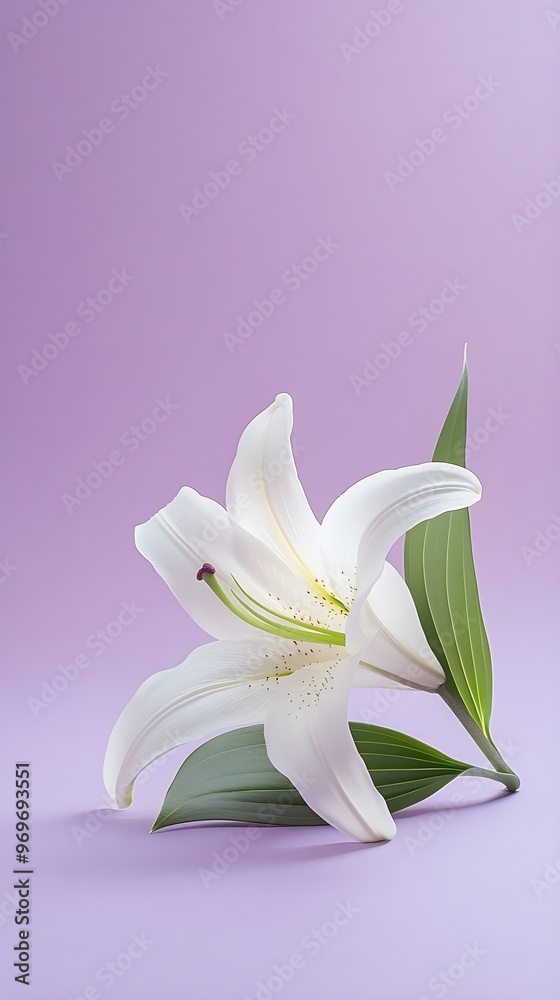Fototapeta premium A single elegant white lily placed on a light lavender surface, with ample copy space for text