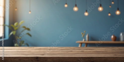 empty space wooden table top on blue wall background with window sunlight mockup scene display for products presentation. photo