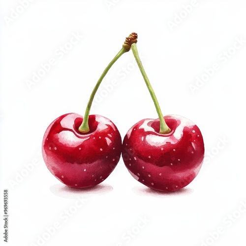 Two vibrant red cherries on a white background, highlighting their shiny skin and natural beauty.