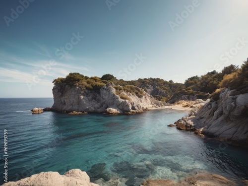 Tranquil coastal view with clear blue waters and rocky cliffs.