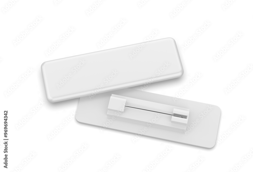 Rectangular blank badge pin brooch. Realistic 3d illustration isolated on white background. Rectangular blank badge pin brooch. Realistic 3d illustration isolated on white background.
