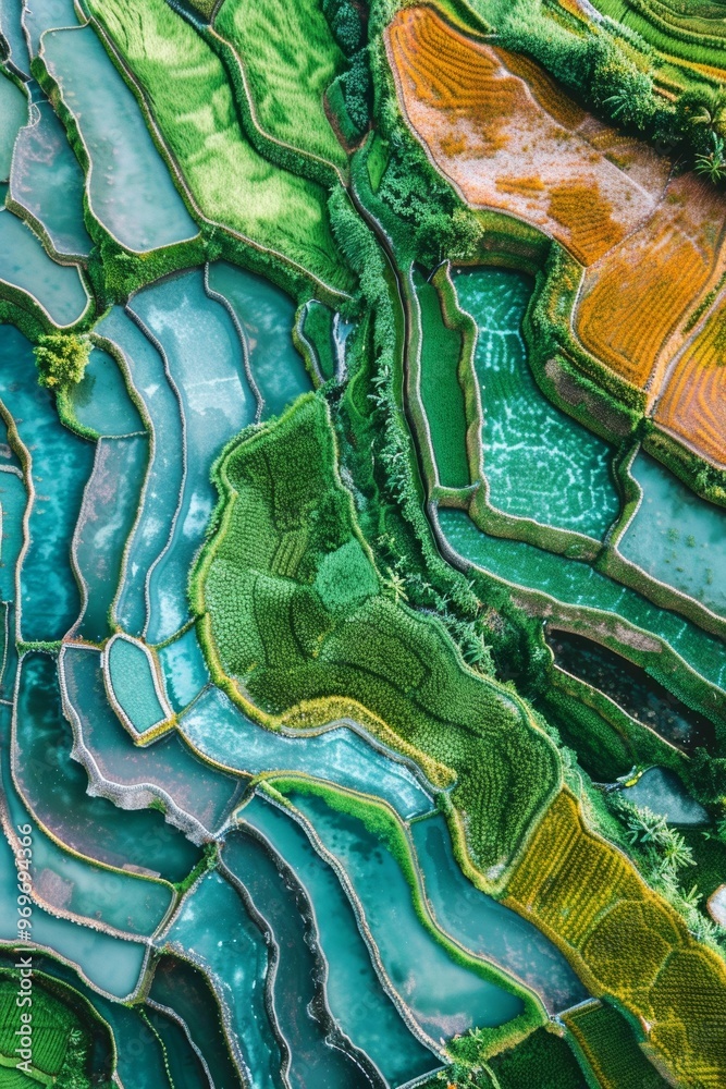 Fototapeta premium Captivating Aerial View of Vibrant Mineral Formations and Flowing Waterscape