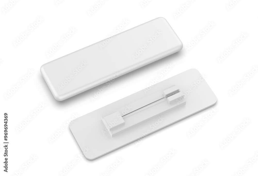 Rectangular blank badge pin brooch. Realistic 3d illustration isolated on white background. Rectangular blank badge pin brooch. Realistic 3d illustration isolated on white background.
