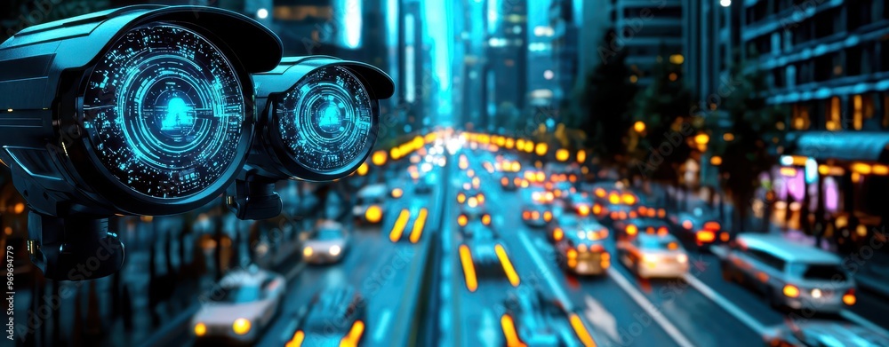 AI surveillance cameras with holographic interfaces monitoring a busy city street, advanced security and technology AI surveillance cameras with holographic interfaces monitoring a busy city street, advanced security and technology